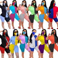 Casual Women Biker Short Set Color Patchwork Shirt Crop Top + Pants Short Sleeve Tracksuit Sportsuit Outfit