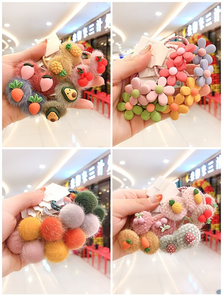 Drivworld 20pcs Girls Cute Cartoon Animals Fruit 3 cm Elastic Hair Bands Ponytail Holder Scrunchies Kid Hair Accessories