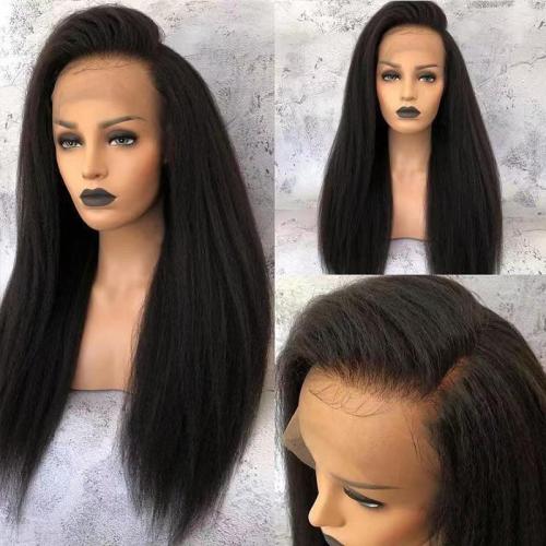 European and American Yaki chemical fiber wig T-shaped lace black long straight hair fluffy natural headgear
