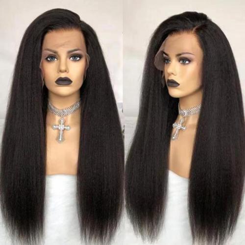 European and American Yaki chemical fiber wig T-shaped lace black long straight hair fluffy natural headgear