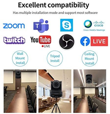 ROCWARE PTZ Camera with USB Outputs,10X Optical Zoom,Live Streaming Camera for Broadcast,Conference,Events,Church and School etc. (Black, Camera)
