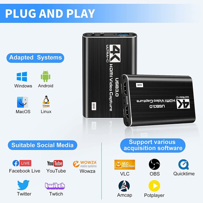 Capture Card, 4K Video Capture Card USB 3.0 1080P 60fps HDMI Audio Video Capture Device Portable Video Converter