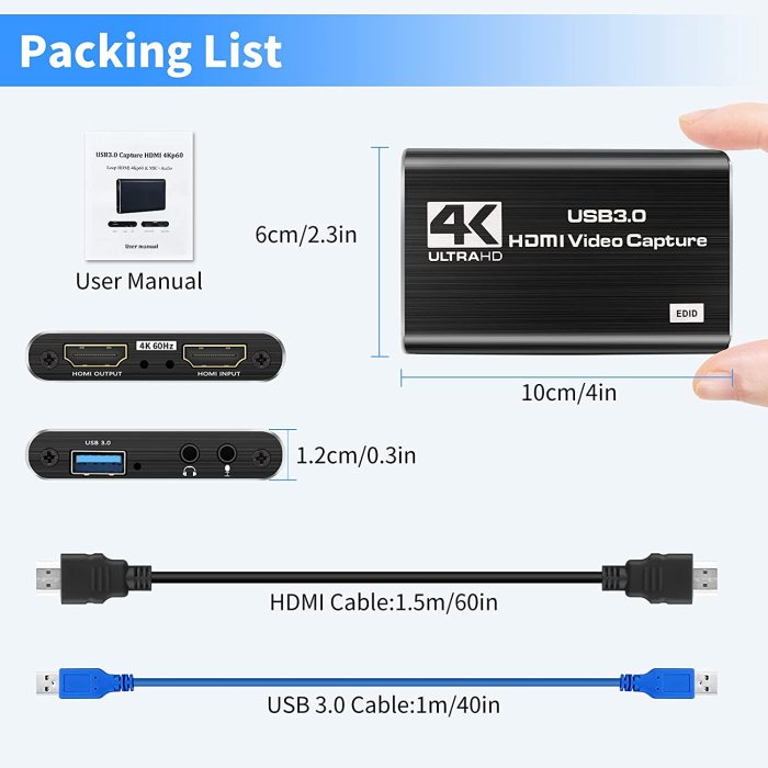 Capture Card, 4K Video Capture Card USB 3.0 1080P 60fps HDMI Audio Video Capture Device Portable Video Converter