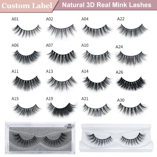 Wholesale Natural Long 3D Real Mink Eyelashes Handmade Thick Reusable Soft Cruelty Free Beauty False lash Custom Label/Packaging