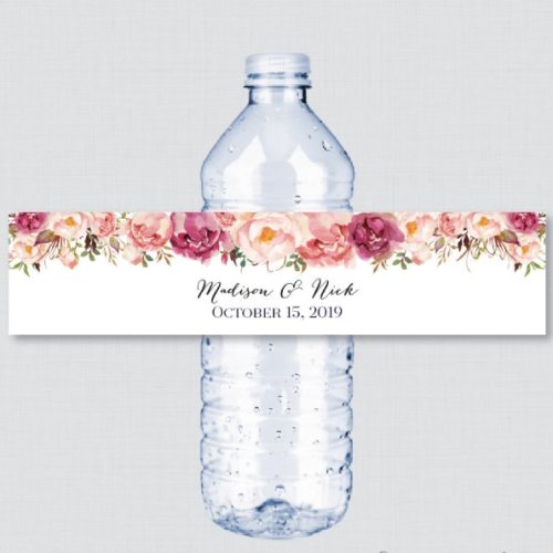 24 Pieces(Just Labels), Custom Red Pink Flower Wedding Custom Water Bottle Labels, Personalized Water Bottle, Birthday, Baptism