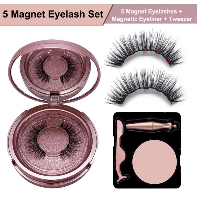 NEW 5 Magnet Reusable Eyelashes No Glue 3-pieces Set Natural Fake Lash+Magnetic Eyeliner&Tweezer Custom Private Label Wholesale