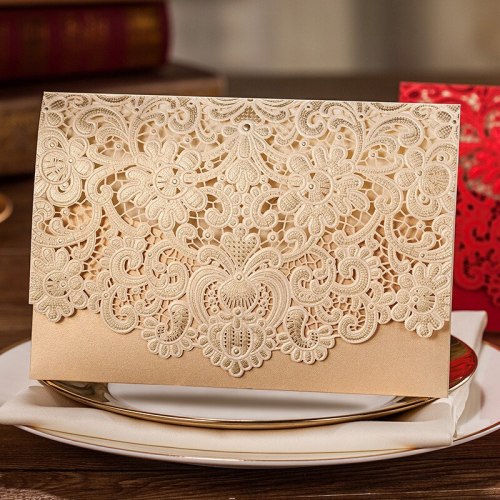 CW072, 50 Pieces, Light Gold Hollow Flowers Wedding Invitations Cards