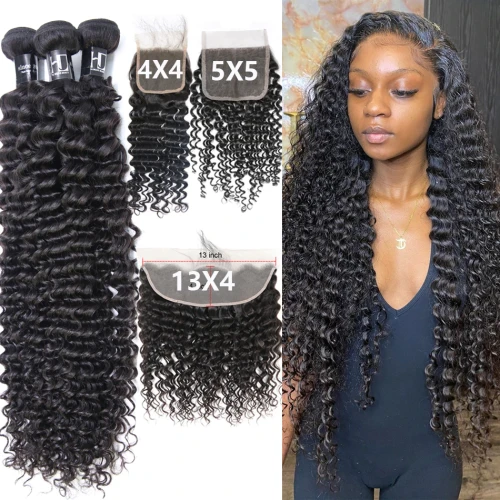 Brazilian Deep Wave Human Hair Bundles With 5x5 HD Transparent Lace Closure 13x4 Frontal Virgin Curly Loose Water Wave Bundles