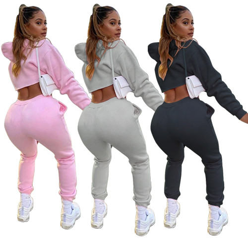 2021 Custom Logo Two Pieces Hoodie Training Tracksuit Joggers Suits Set 2 Piece Stacked Top Pants sweat  Suit Fall  for Women