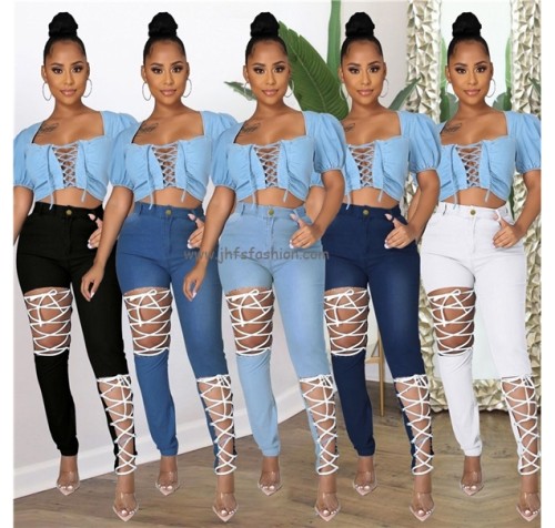 J&H 2021 Latest Pure Color Hollow Out Casual Jeans High Waist Hole Trousers Womens Denim Trousers High Fashion Street Wear