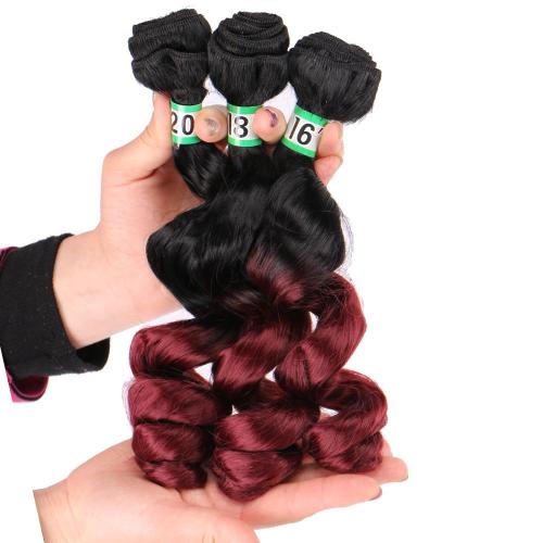Two Tone Ombre Black To Purple Red Burgundy Loose Wave Synthetic Hair Extensions High Temperature Hair Bundles for Black Women