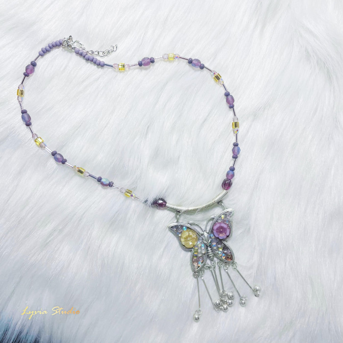 NABI Grape Sour Purple Butterfly Silver And Pressed Glass Beads Handmade Necklace