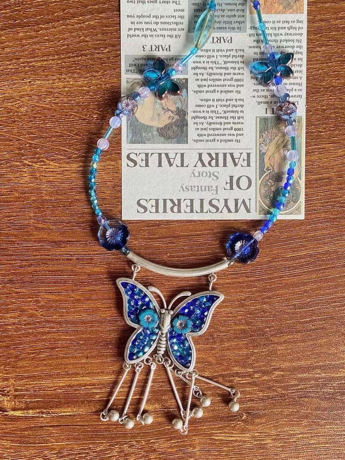 NABI My Sea Blue Butterfly Silver And Pressed Glass Beads Handmade Necklace