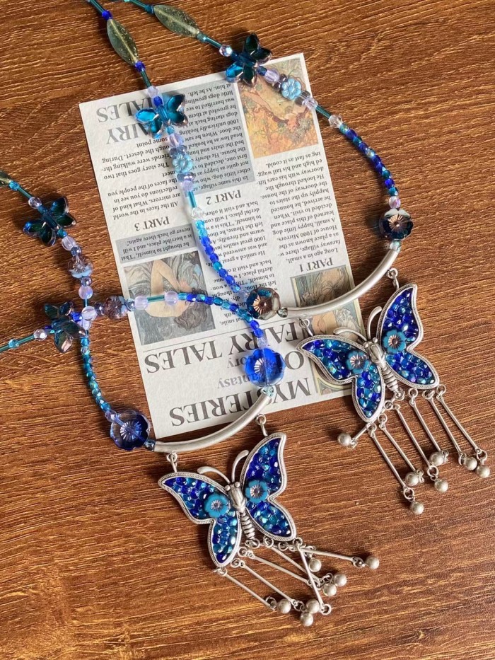 NABI My Sea Blue Butterfly Silver And Pressed Glass Beads Handmade Necklace