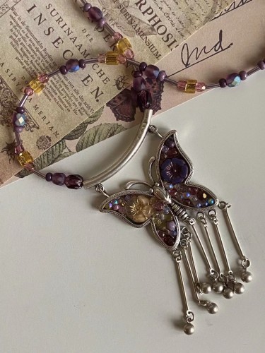 NABI Grape Sour Purple Butterfly Silver And Pressed Glass Beads Handmade Necklace
