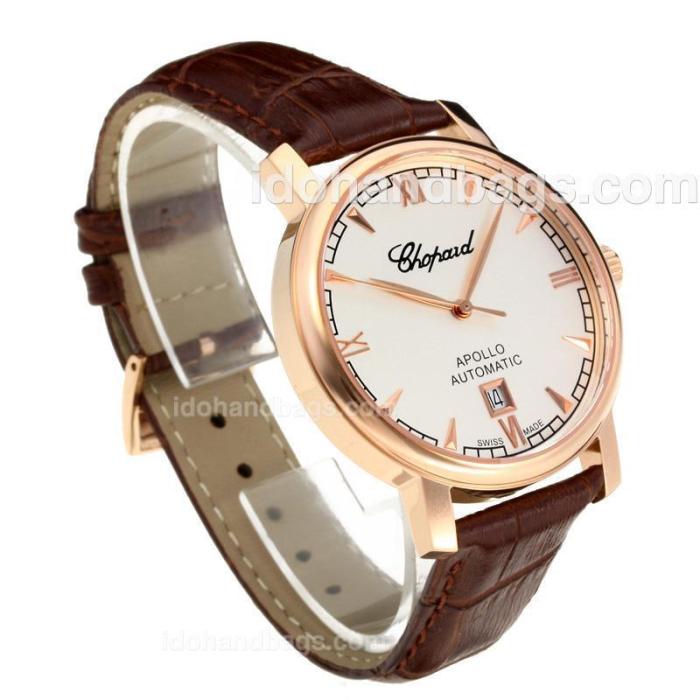 Chopard Apollo Swiss ETA 2824 Automatic Rose Gold Case with White Dial-Leather Strap-Sapphire Glass 194342