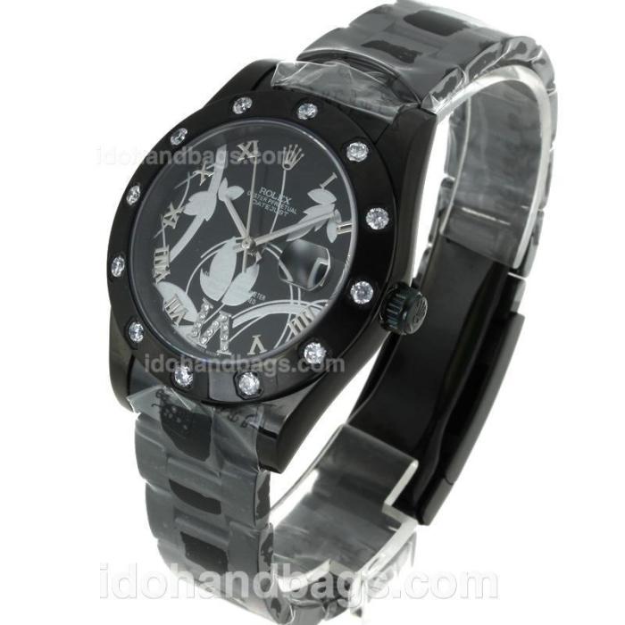 Rolex Datejust II Automatic Full PVD Diamond Bezel Roman Markers with Black Dial-Flowers Illustration 111616