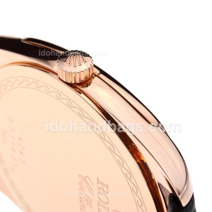 Rolex Cellini Luminous Swiss ETA Movement Rose Gold Case with Black Dial-Leather Strap-Sapphire Glass 194528