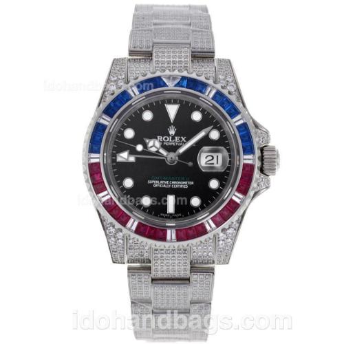Rolex GMT-Master II Swiss ETA 2836 Movement Blue/Red CZ Diamond Bezel with Full Diamond Strap 64236