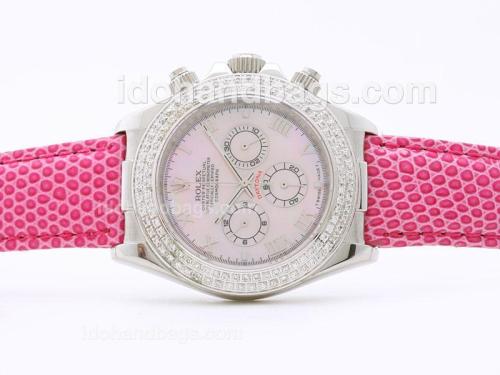 Rolex Daytona Working Chronograph Light Pink Dial Roman Numerals with Diamond Bezel -Pink Strap 29880