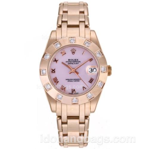Rolex Masterpiece Swiss ETA 2836 Movement Full Rose Gold Diamond Marking with Pink MOP Dial-Mid Size 87396
