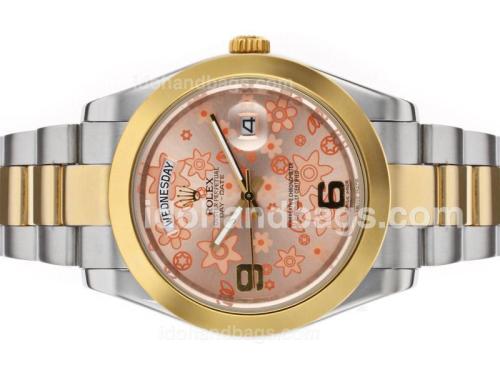 Rolex Day-Date II Automatic Two Tone with Pink Floral Motif Dial 48512