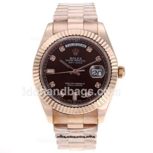 Rolex Day-Date II Swiss ETA 2836 Movement Full Rose Gold Diamond Markers with Brown Dial 62528