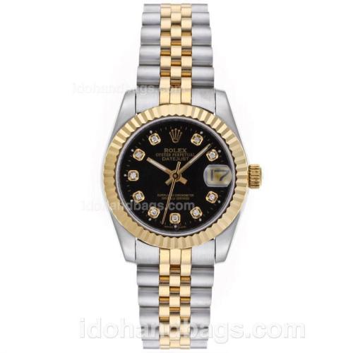 Rolex Datejust Automatic Two Tone Diamond Markers with Black Dial-Mid Size 64211