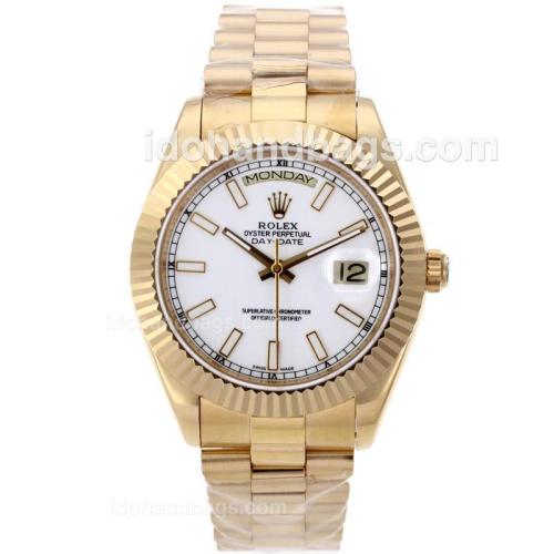 Rolex Day-Date II Swiss ETA 2836 Movement Full Gold Stick Markers with White Dial 61164