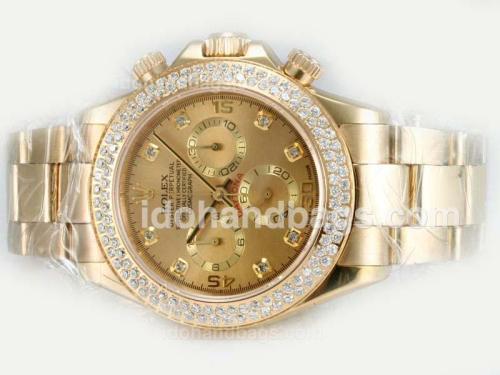 Rolex Daytona Chronograph Swiss Valjoux 7750 Movement Full Gold with Diamond Bezel-Golden Dial 15093