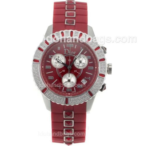 Dior Christal Swiss ETA Working Chronograph Diamond Bezel with Red Dial-Rubber Strap 71612