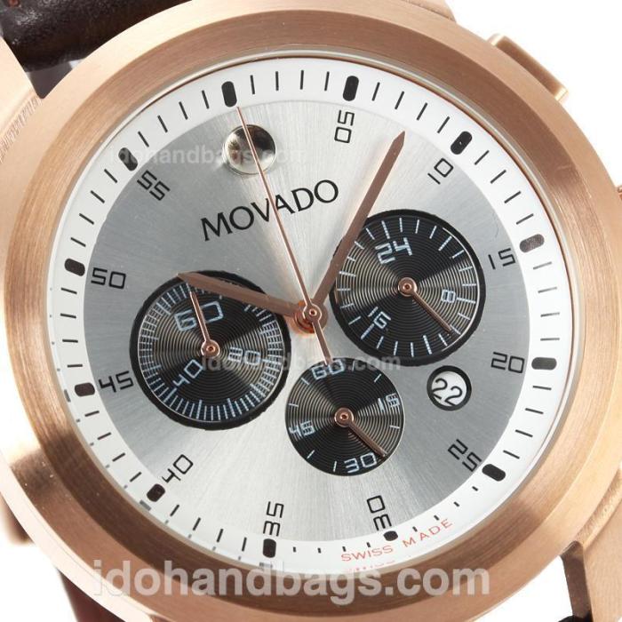 Movado Working Chronograph Rose Gold Case with Silver Dial-Leather Strap 167848