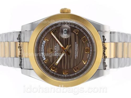Rolex Day-Date II Automatic Two Tone Number Markers with Brown Wave Dial 45306