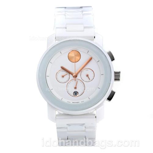 Movado Working Chronograph Full Ceramic with White Dial-Champagne Needle 186342