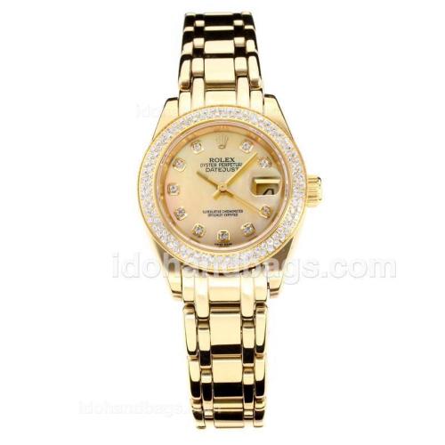 Rolex Masterpiece Automatic Full Gold Diamond Bezel with Apricot MOP Dial-Same Chassis as ETA Version 177136