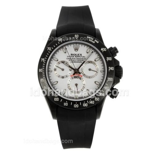Rolex Daytona Chronograph Swiss Valjoux 7750 Movement PVD Case Stick Markers with White Dial-Black Rubber Strap 130472