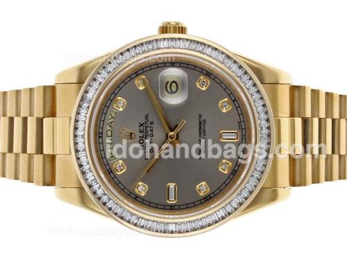 Rolex Day-Date II Swiss ETA 2836 Movement Full Gold CZ Diamond Bezel with Gray Dial 48574
