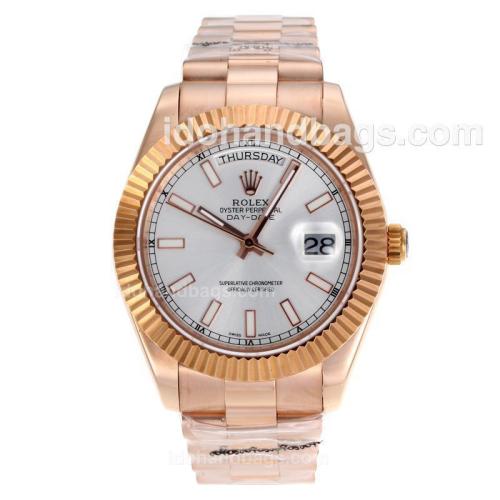 Rolex Day-Date II Swiss ETA 2836 Movement Full Rose Gold Stick Markers with Silver Dial 60268