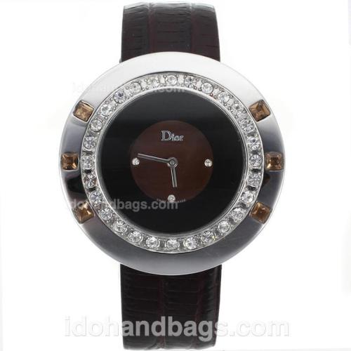 Dior Classic Diamond Bezel with Brown Dial-Leather Strap 80051