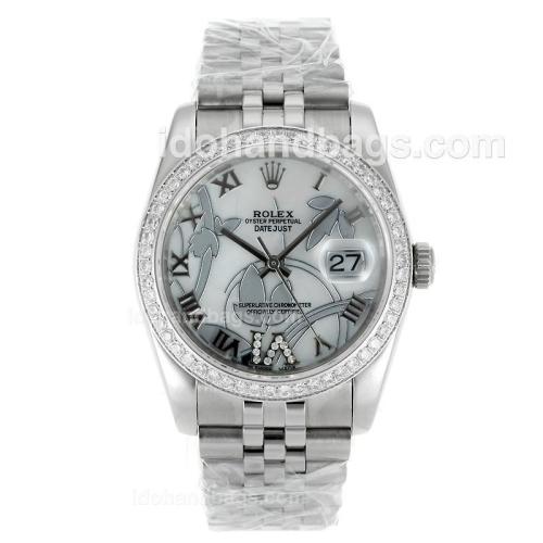 Rolex Datejust Automatic Diamond Bezel Roman Markers with White Dial-Flowers Illustration 115582