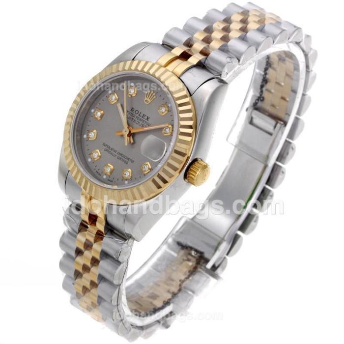 Rolex Datejust Automatic Two Tone Diamond Markers with Gray Dial-Mid Size 64212