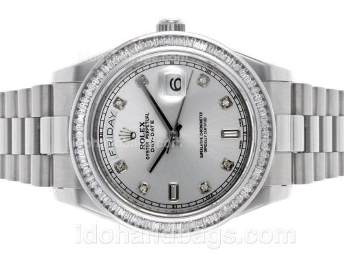 Rolex Day-Date II Swiss ETA 2836 Movement CZ Diamond Bezel with Silver Dial S/S 48567