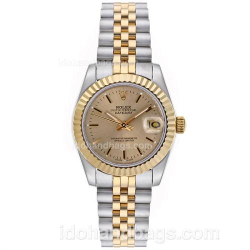 Rolex Datejust Automatic Two Tone Stick Markers with Golden Dial-Mid Size 64202