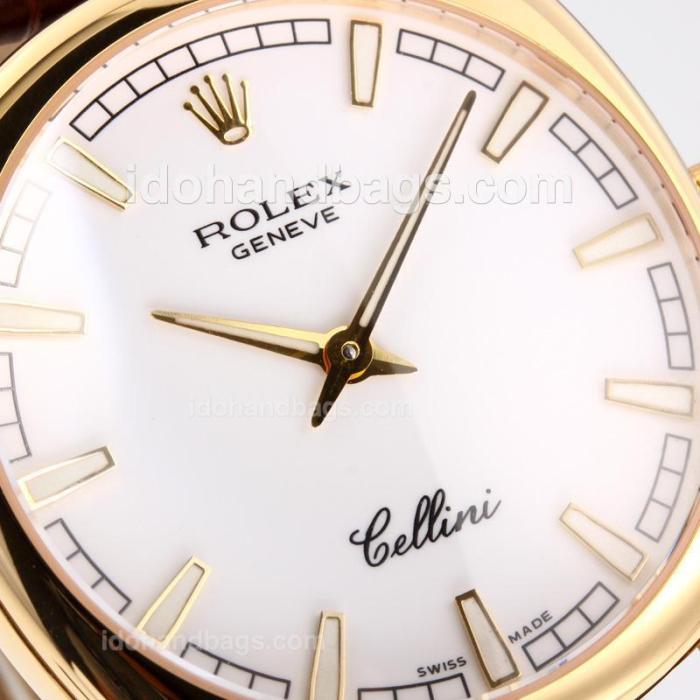 Rolex Cellini Luminous Swiss ETA Movement Yellow Gold Case with White Dial-Leather Strap-Sapphire Glass 194516