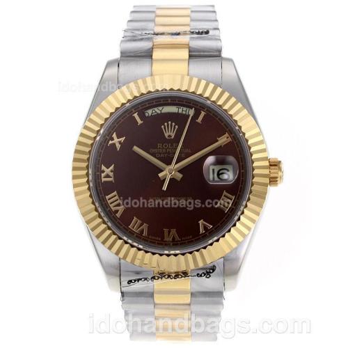 Rolex Day-Date II Swiss ETA 2836 Movement Two Tone Roman Markers with Brown Dial 62531