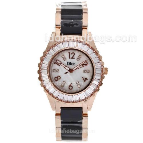 Dior Classic Full Rose Gold CZ Diamond Bezel with MOP Dial-Lady Size 76573