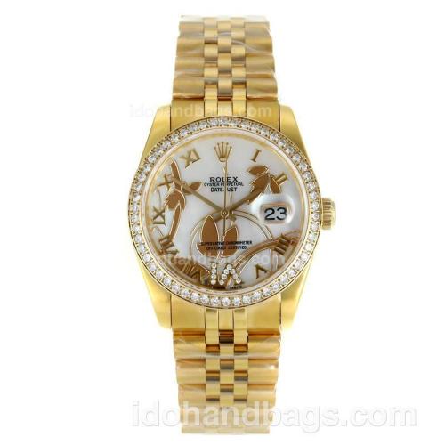 Rolex Datejust Automatic Full Gold Diamond Bezel Roman Markers with White MOP Dial-Flowers Illustration 115612