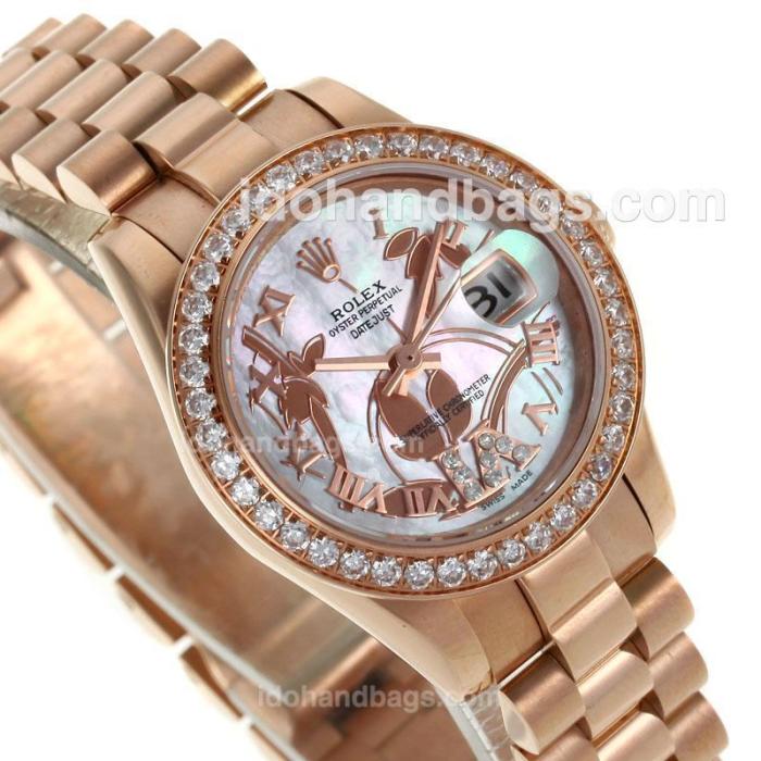 Rolex Datejust Automatic Full Rose Gold Diamond Bezel Roman Markers with MOP Dial-Flowers Illustration 116276