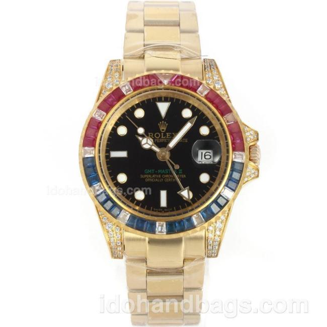 Rolex GMT-Master II Automatic Full Gold Square Red & Blue Diamond Bezel with Black Dial 15157