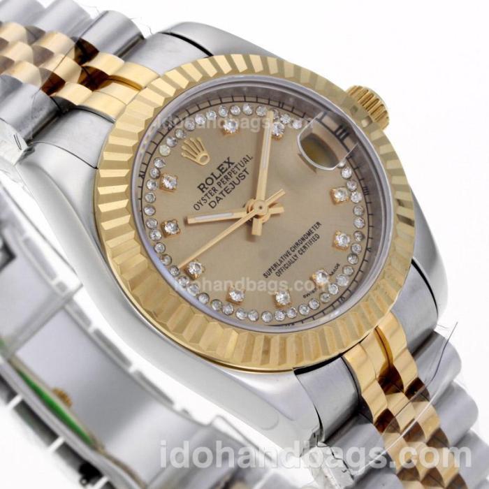 Rolex Datejust Automatic Two Tone Diamond Markers with Golden Dial-Mid Size 64213